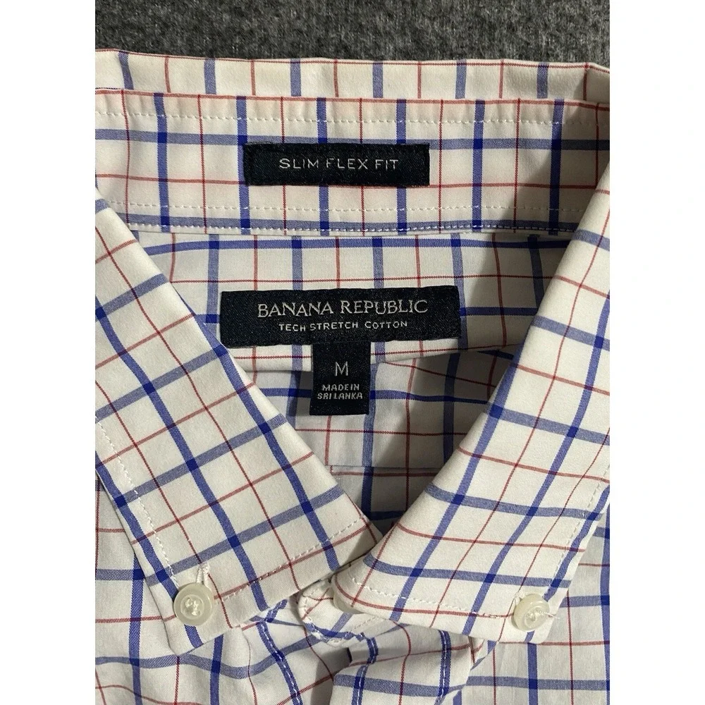 Banana Republic Mens M Slim Flex Fit Tech Stretch Cotton Check Shirt Long Sleeve